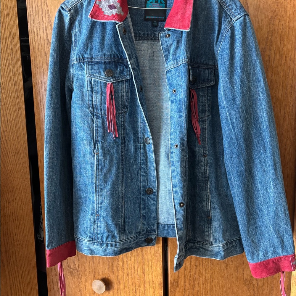 Santa Fe Recreations Tribal Denim and Red Suede Jean Jacket